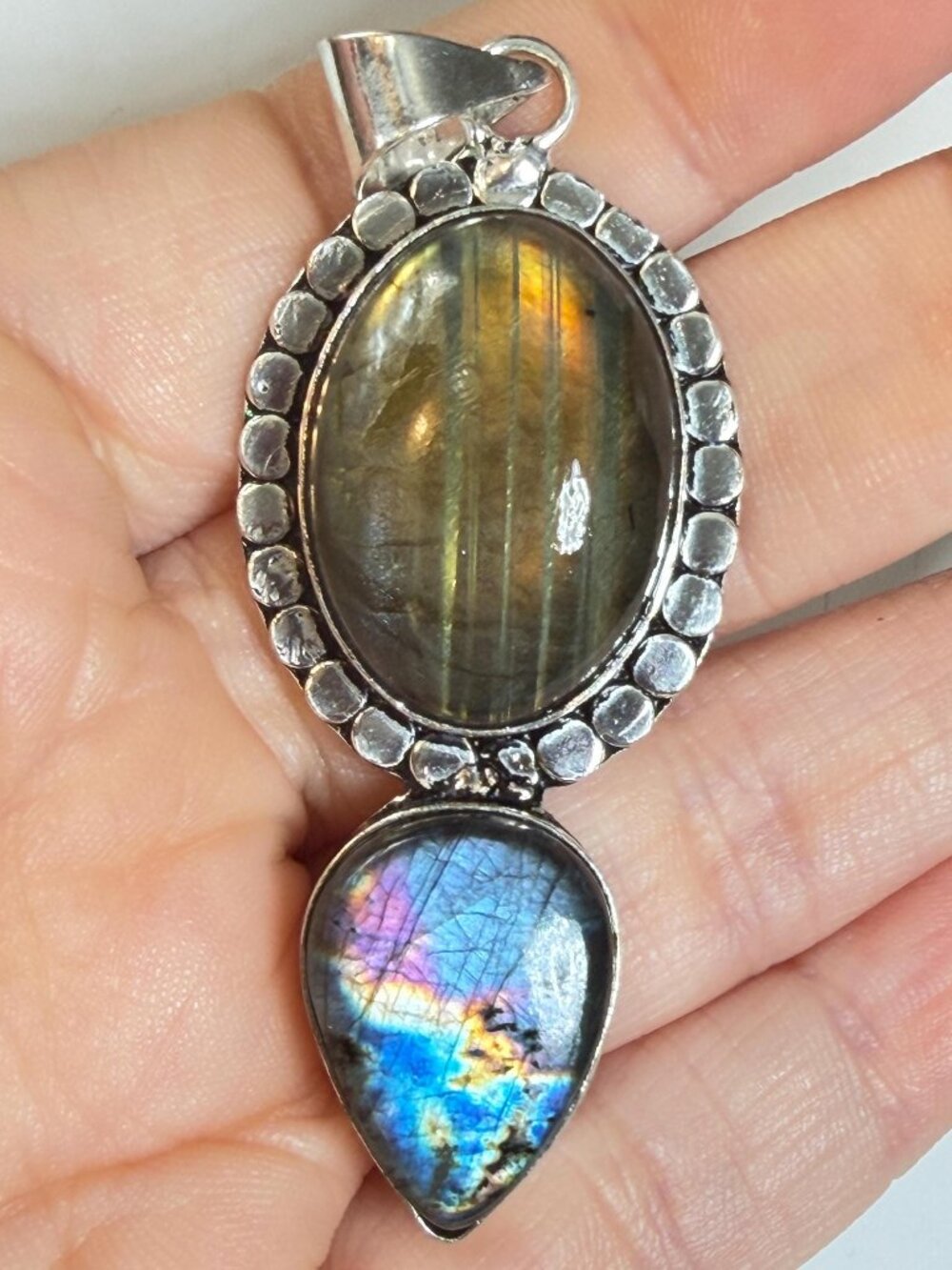 Double Labradorite Pendant 925 Bale Purple Blue Flash
